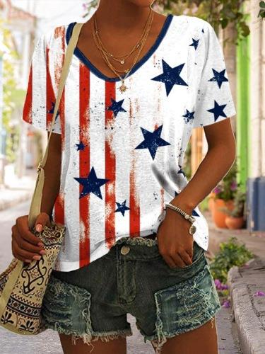 Summer Star Stripe 3D Print T-Shirts Women's Casual Short Sleeve V-Neck T Shirt Top Y2k Harajuku Tees Female Streetwear Clothing