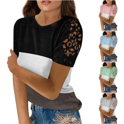 Damenmode-T-Shirt-Oberteil mit Spitze, hohlen Nähten, Rundhalsausschnitt und kurzen Ärmeln