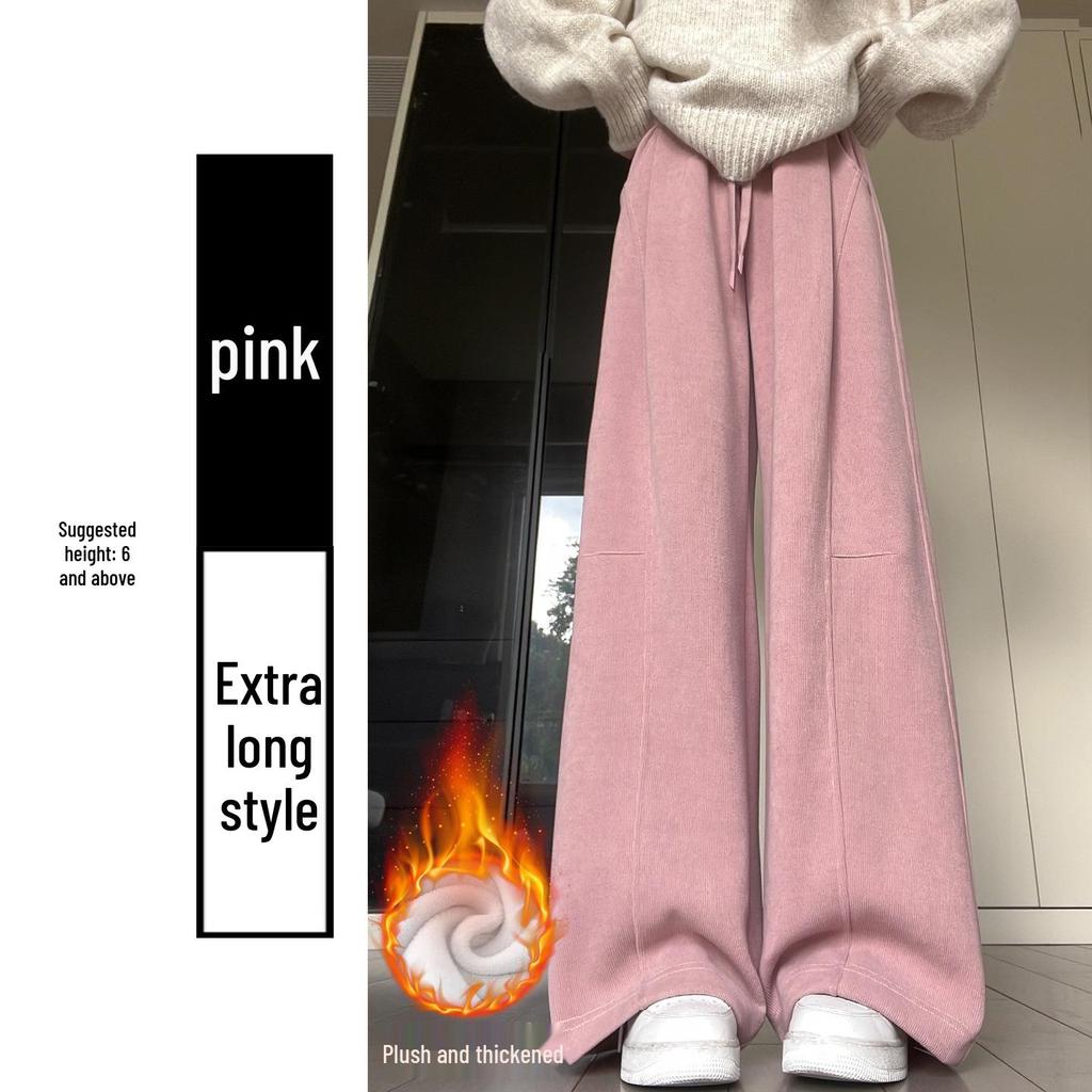 Women's High-Waisted Gray Corduroy Wide-Leg Pants - Autumn/Winter Plus Velvet Thickened Long-Leg Sports Sweatpants