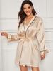 Women's Pure Black Faux Silk Bathrobe and Pajama Set with Turn-Down Collar