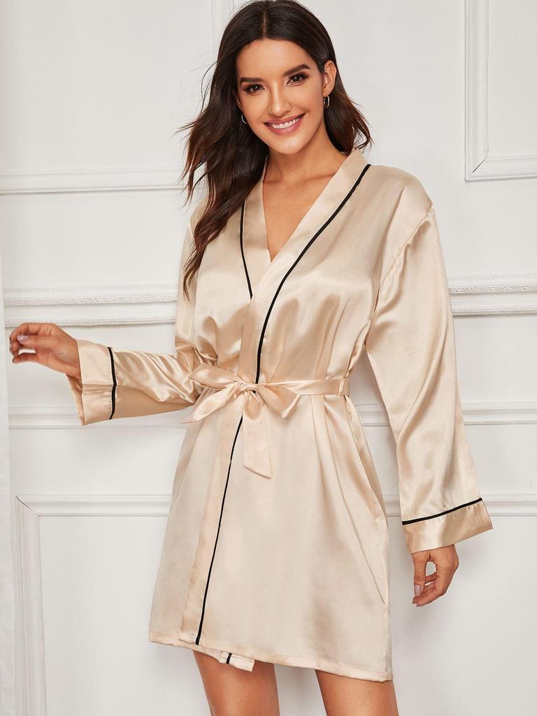 Women's Pure Black Faux Silk Bathrobe and Pajama Set with Turn-Down Collar