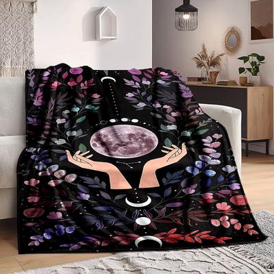 1pc Moonlit Garden Print Blanket Lightweight Flannel Throw Blanket For Sofa, Bed, Living Room, Office, Outdoor Travel, Camping