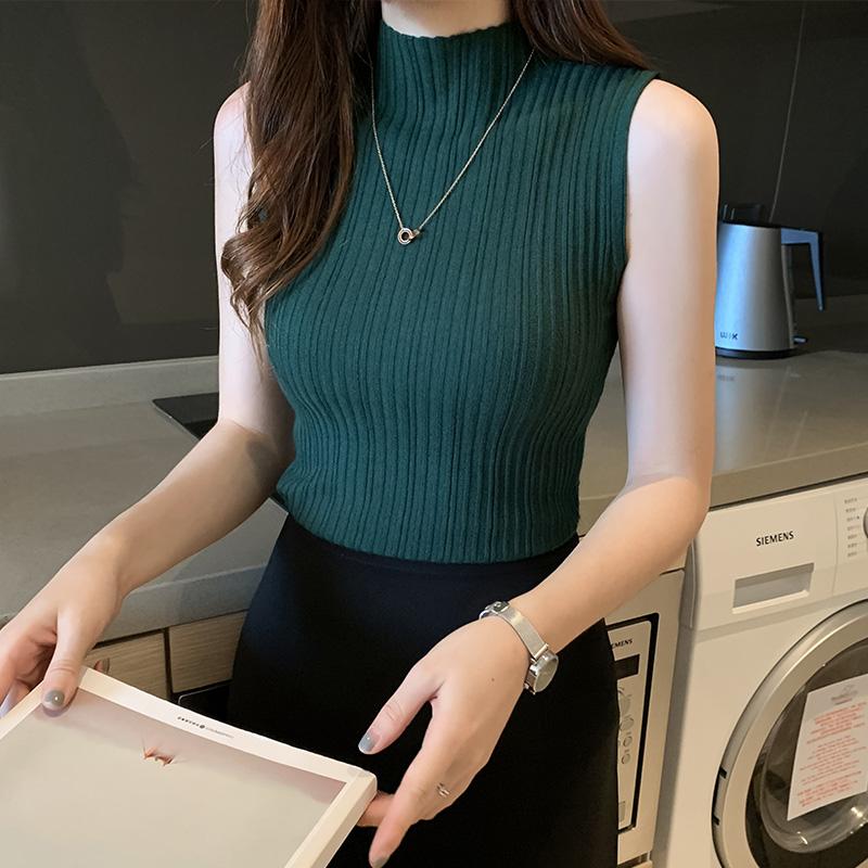Summer High Collar Sleeveless Slim Knitted Tank Top Women J182