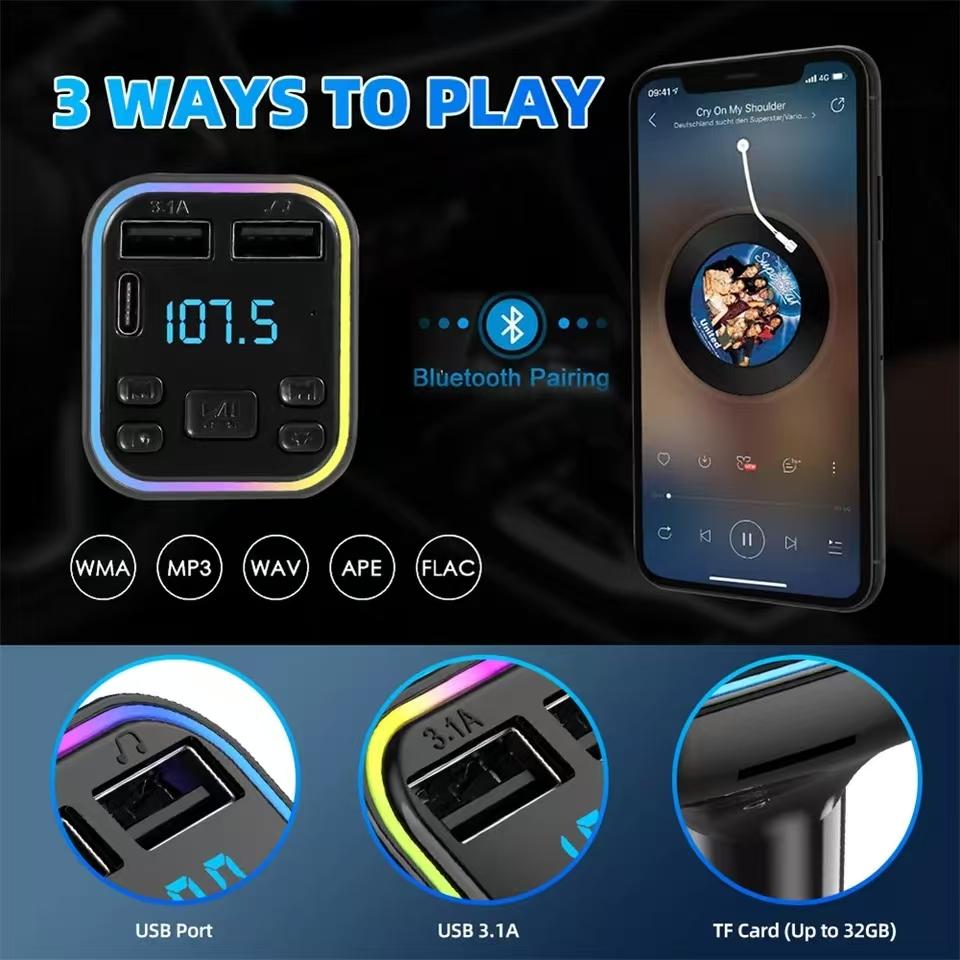 Car Bluetooth5.0 G38 FM Transmitter PD Type-C Dual USB 3.1A Fast Charger Colorful Ambient Light Handsfree MP3 Modulator Player