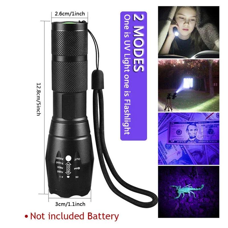 Portable Dual Light UV Flashlight Type-C Rechargeable Ultraviolet Torch Zoom Lantern Fluorescent Agent Detection Lighting Lamp
