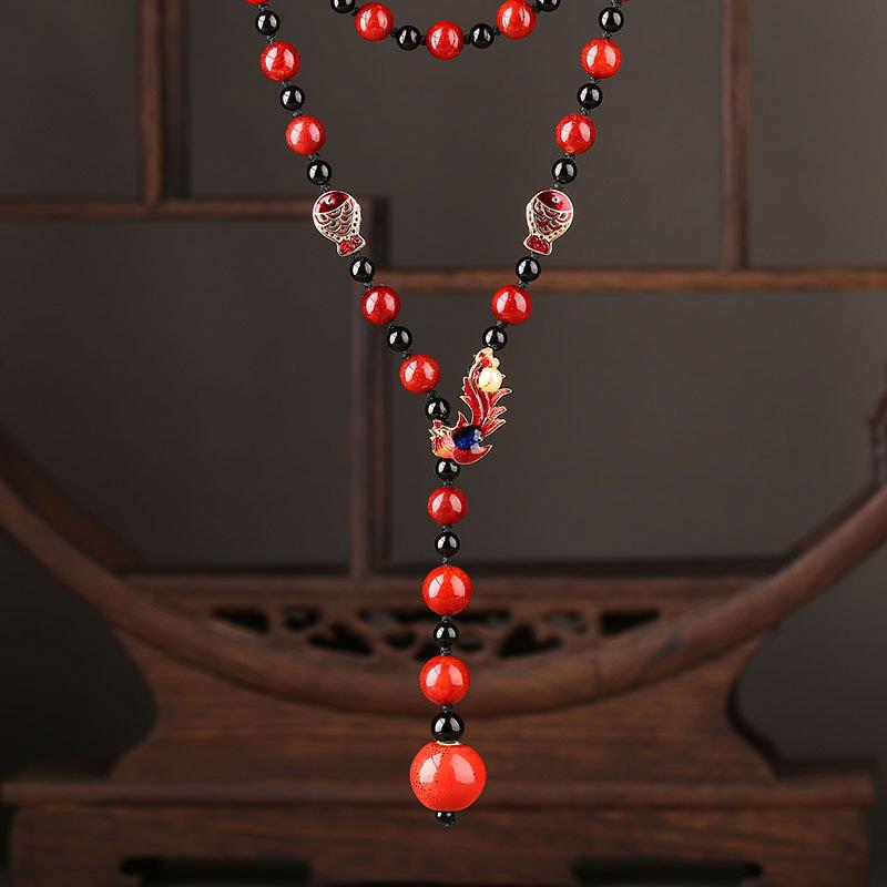GEMCHIC Women's Vintage Chinese Style Cloisonné Phoenix Necklace Long Red Agate Beads Sweater Chain Ethnic Jewelry Gift