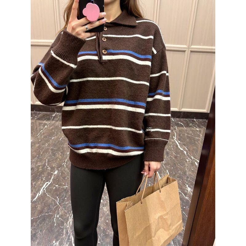 Texture College Comes with Atmosphere Stripes Polo Shirt American Retro Lazy Contrast Color Loose Pullover Knitwear