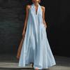 Sommer-Maxikleid für Damen, lässig, ärmellos, Neckholder, V-Ausschnitt, Revers, langes Kleid, Strandurlaub, fließendes Sommerkleid mit Taschen