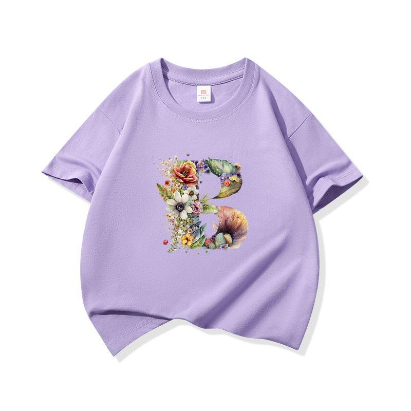 Kids Cotton T Shirt Floral Letter B Print Crew Neck Short Sleeve Tee Casual Boys Girls Summer Tops