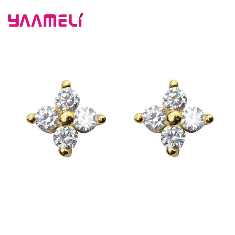 925 Silver Clover Stud Earrings with Sparkling Zircon for Women and Girls