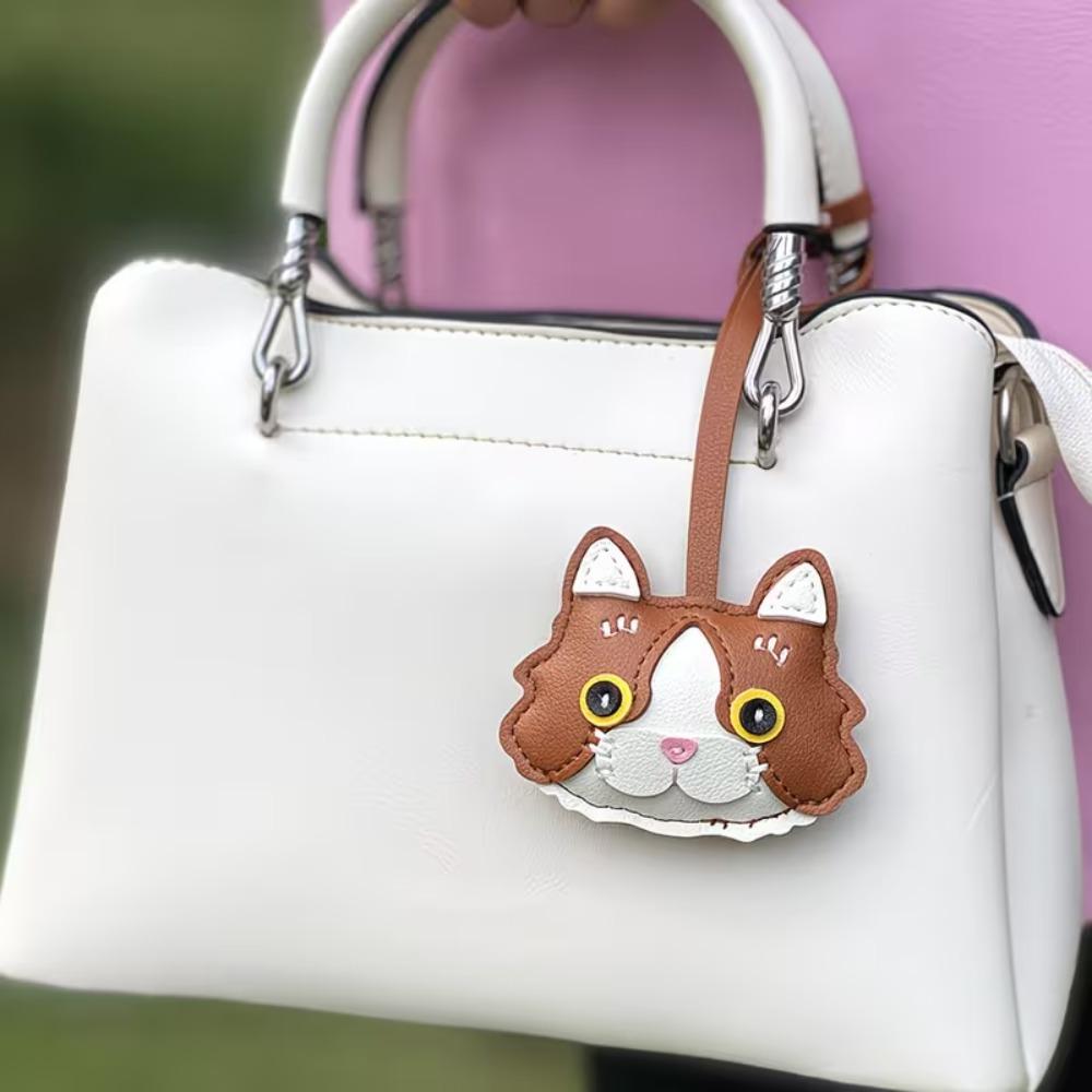 

Cartoon Cat Leather Keychain Leather Animal Bag Hanging Cat Leather Pendant Love Pets Cat колір світло кави