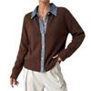 Denim splicing fake two-piece lapel knitted cardigan European, American autumn and winter loose women's long-sleeved top