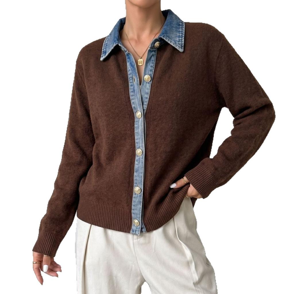 Denim splicing fake two-piece lapel knitted cardigan European, American autumn and winter loose women's long-sleeved top