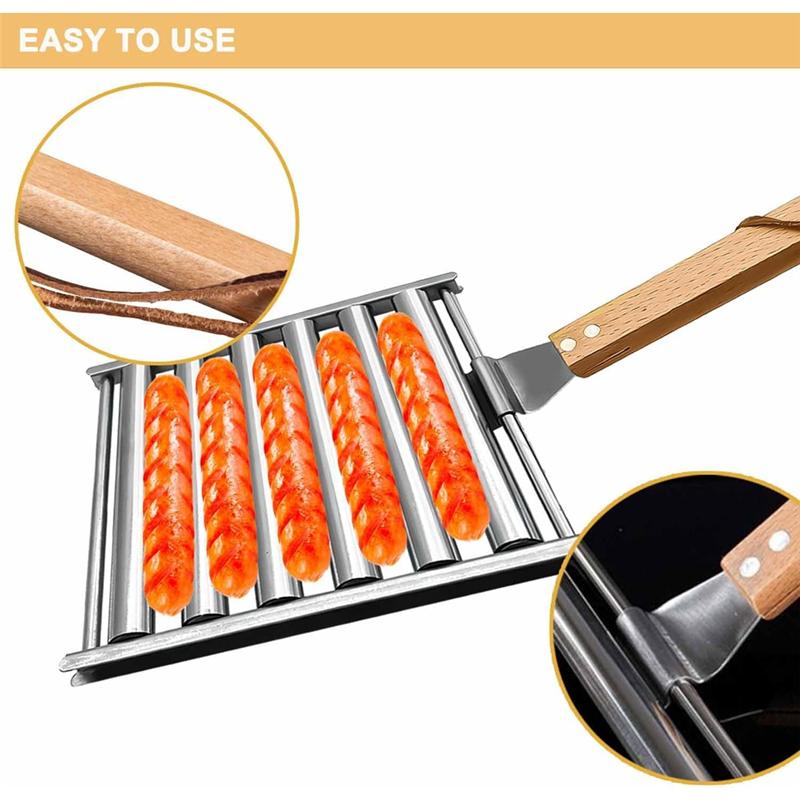 M-Modern-2Pcs Hot Dog Roller For Grill Sausage Roller Rack With Wood Handle BBQ Hot Dog Griller For Evenly Cooked Hot Dogs