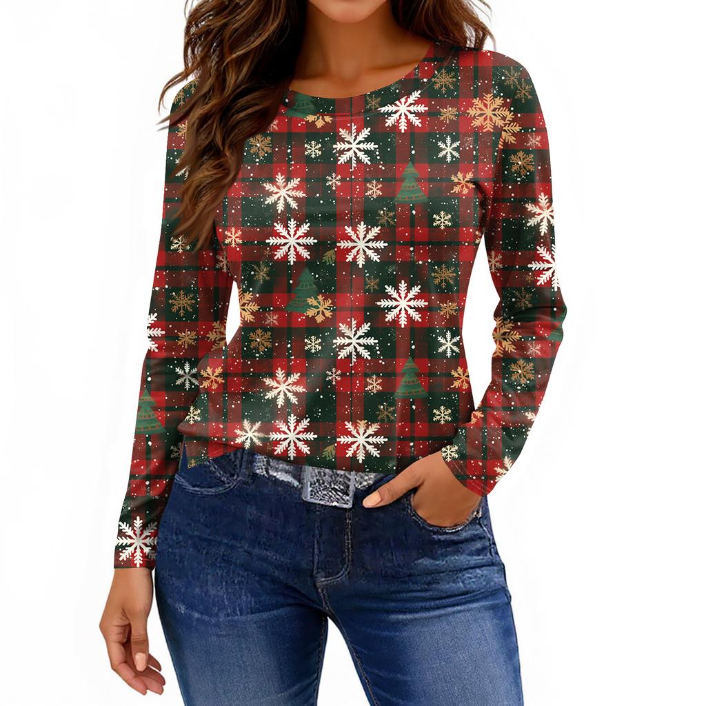 Women's Fashion Casual Slit Hem Round Neck Long Sleeve Loose Printed T-Shirt Ladies Top