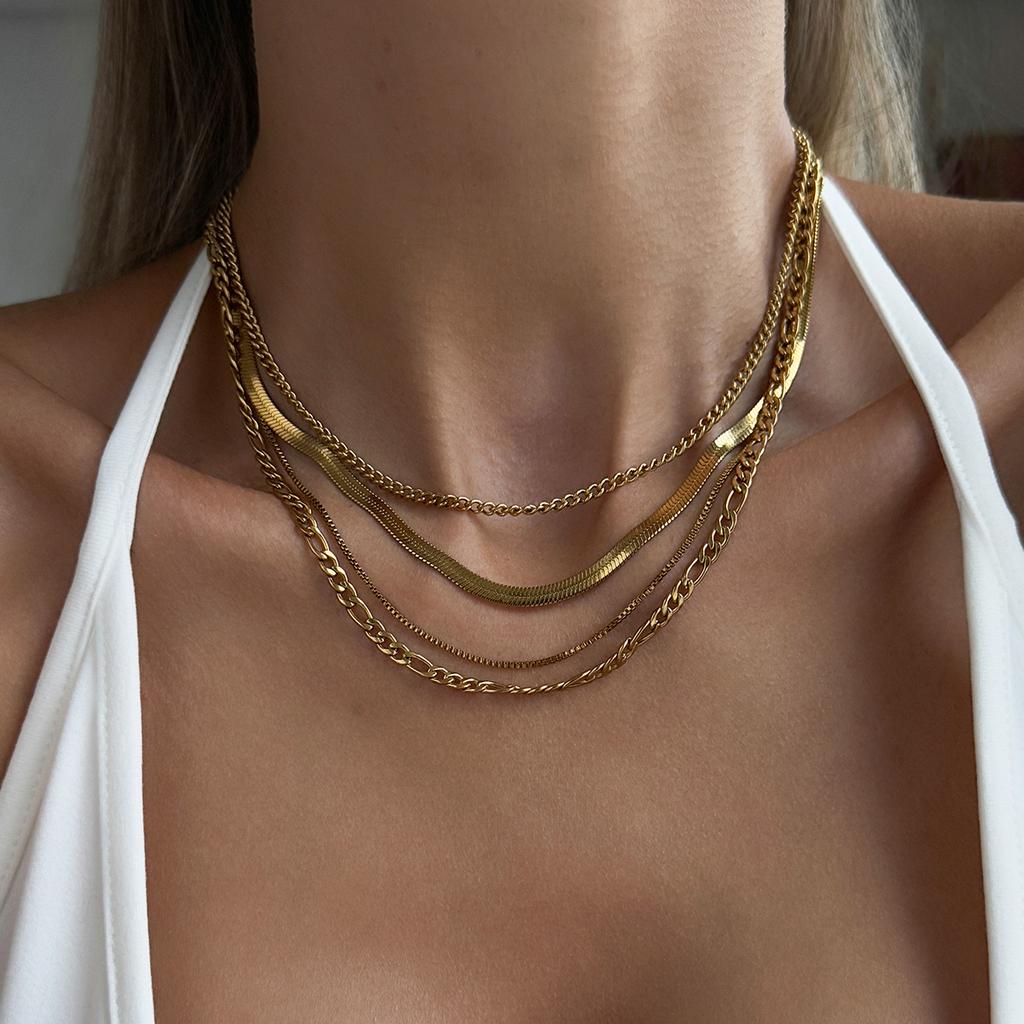 Ingemark 4Pcs/Set Vintage Gold Color Stainless Steel Cuban Link Snake Chain Necklaces Women Waterproof Adjustable Choker Jewelry