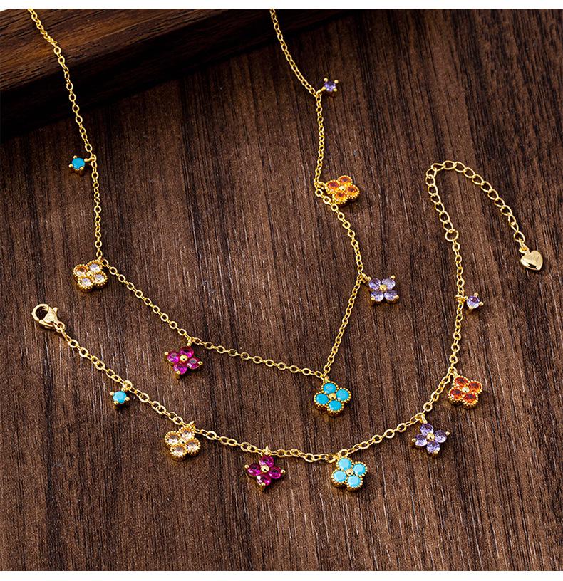 Vietnam Gold Minimalist Four-Leaf Clover Necklace & Zircon-Inlaid Flower Bracelet Set