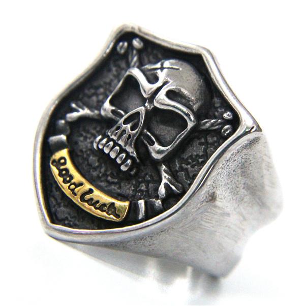 

2026 Cool GOOD LUCK Ring with Golden Flower 316L Stainless Steel Mens Women Shield Skull Ring 6
