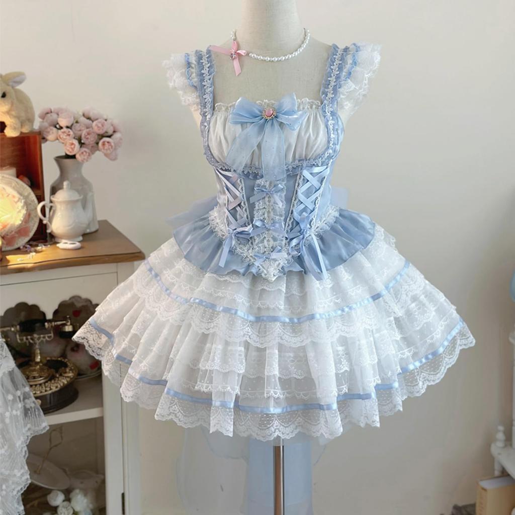 Toku and Yu Camisole Mini Gothic Lolita Ribbon Tiered Lolita Jumper Mori Sickly Perfect for Tea School and Events Skirt, Girls' Skirt, Palace-Style,