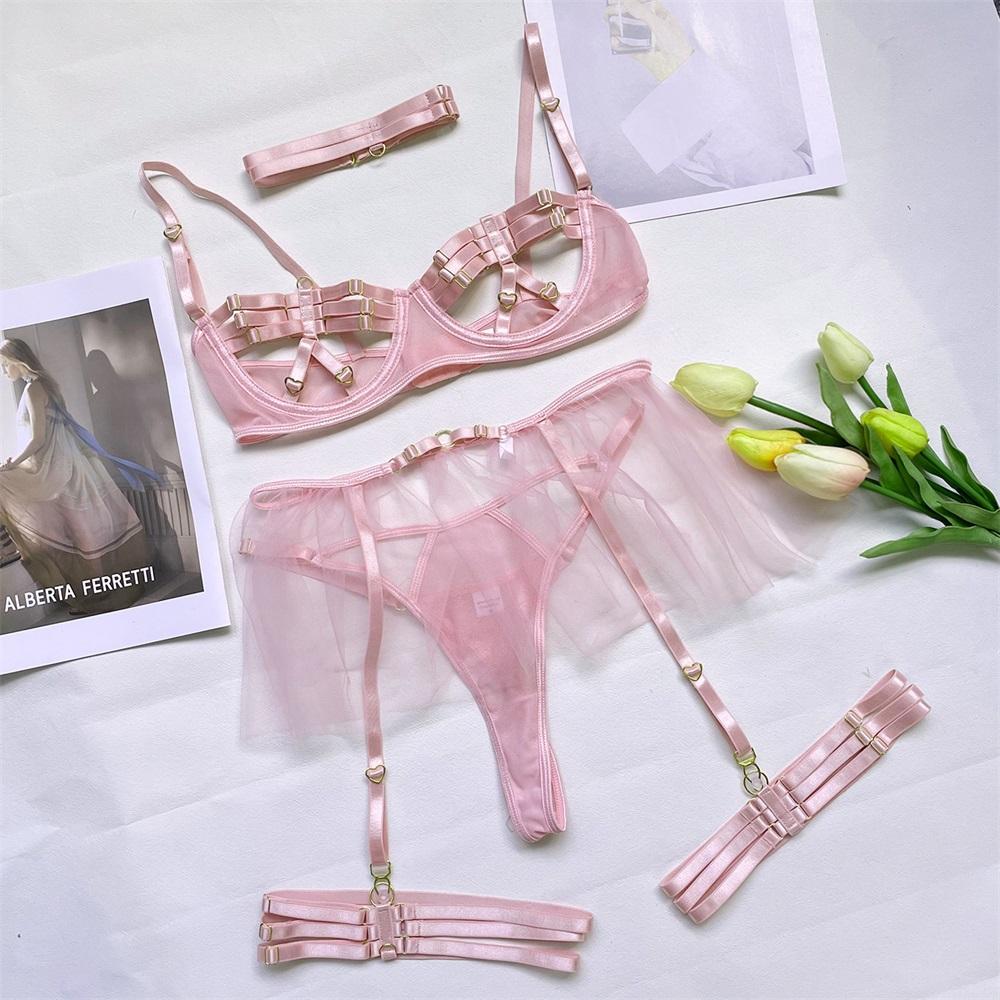 Aduloty Summer Women's Sexy Lingerie Underwire Bra Lace Stitching Garter Leg Ring Thin Section Temptation Erotic Underwear Set