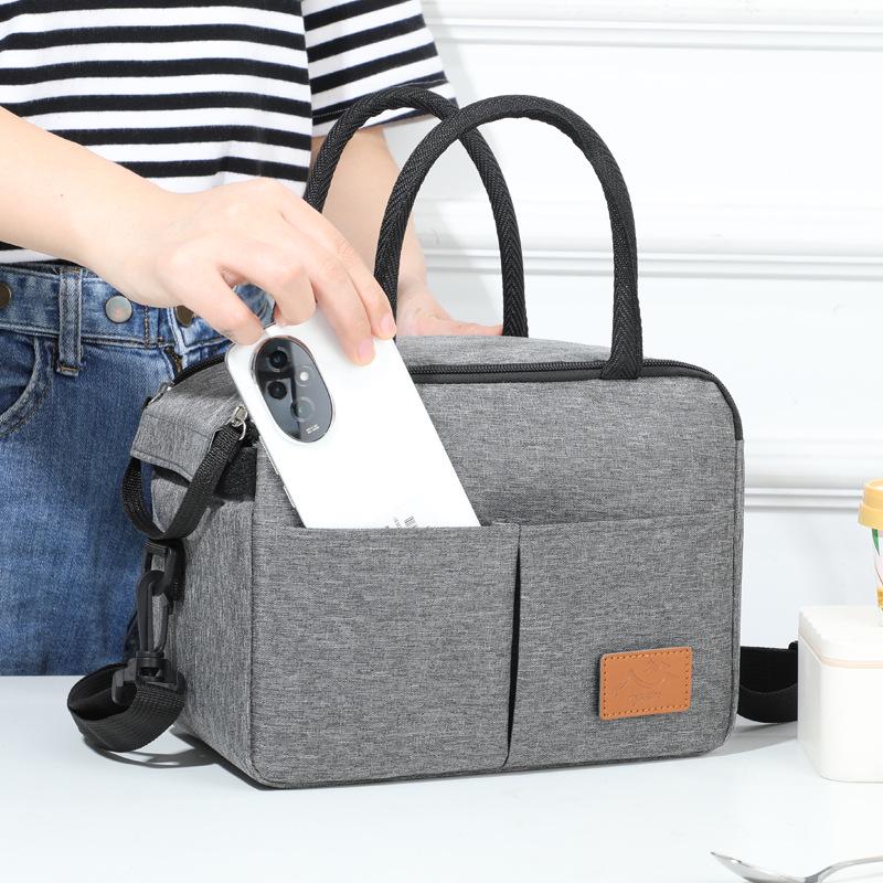 Insulated Solid Color Oxford Cloth Lunch Bag - Portable Bento Bag with Thickened Design and Crossbody Strap for Office Workers