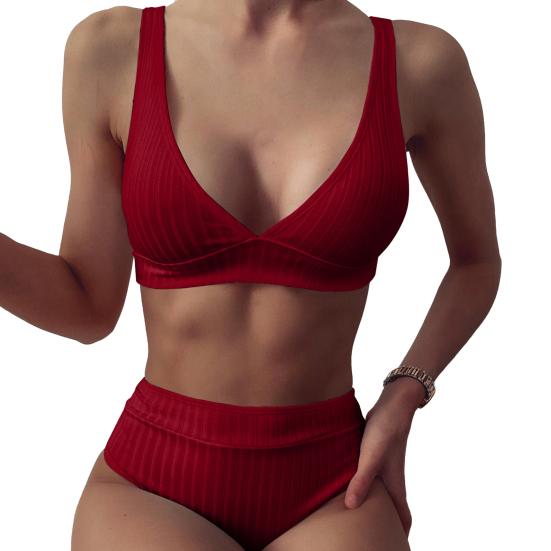 Letní bikiny s výstřihem do V, dvoudílná sada, jednobarevné, žebrované, hluboké, s podprsenkou, plavky