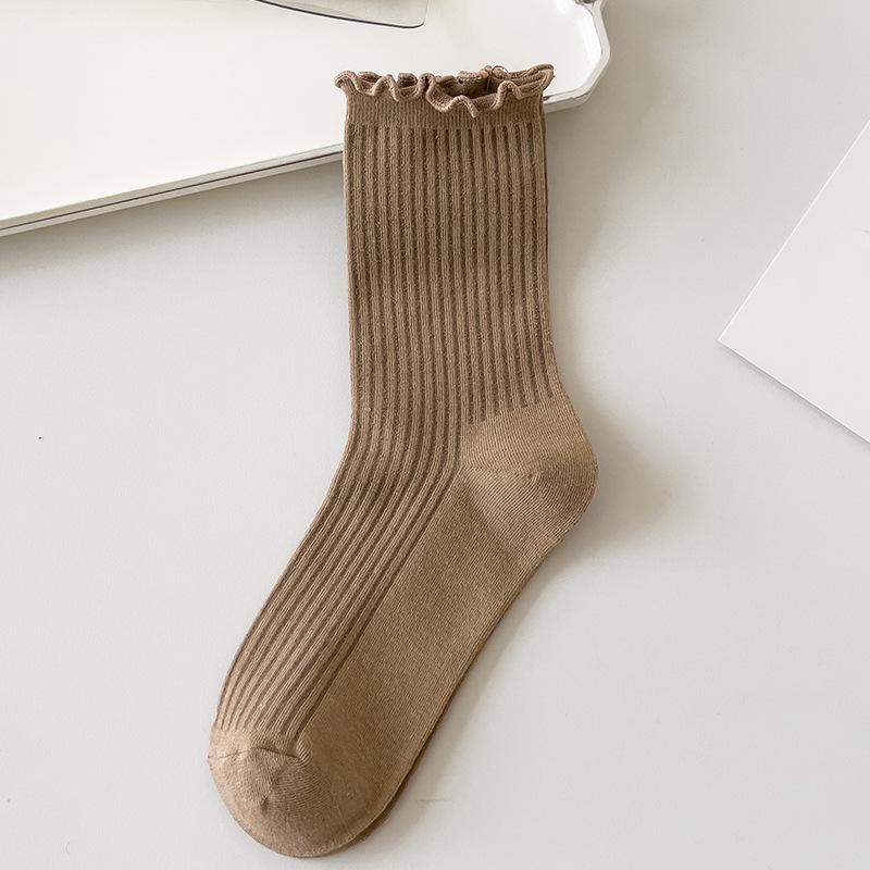 Women's Autumn and Winter Pure Cotton Socks, Mid-calf Socks, Lace Socks, Anti-pilling Black Fungus Edge Pile Socks
