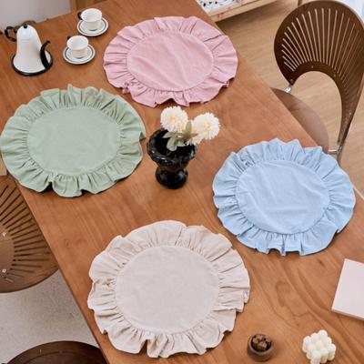 Rustic Placemat Pure Color Round Shape Ruffled Trim Afternoon Tea Placemat Soft Washed Cotton Table Mat Dining Kitchen Party Rustic Table Decor