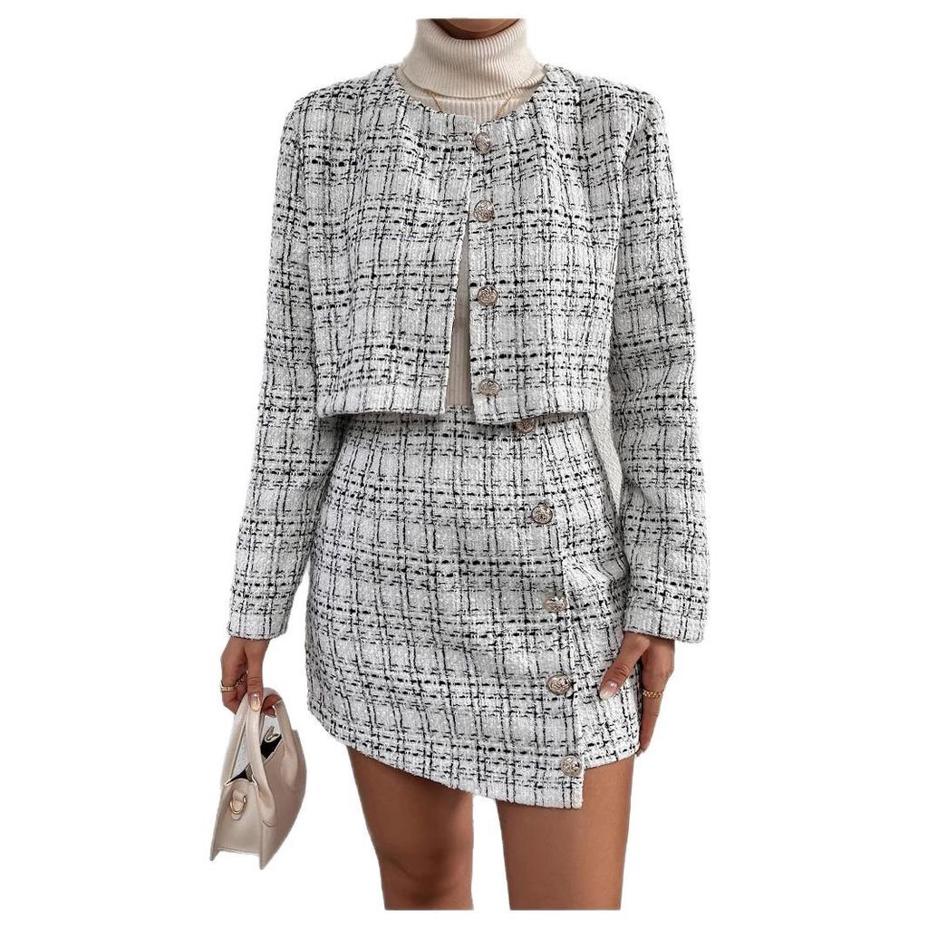 Pink Tweed Two Piece Set Long Sleeve Cropped Jacket High Waist Mini Skirt Gold Buttons