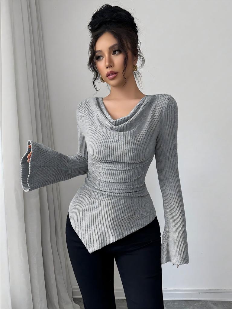 Fall Winter Women's Ribbed Cami Tank Top with Open Shoulder Slim Fit Knit Long Sleeve Top for Commuting