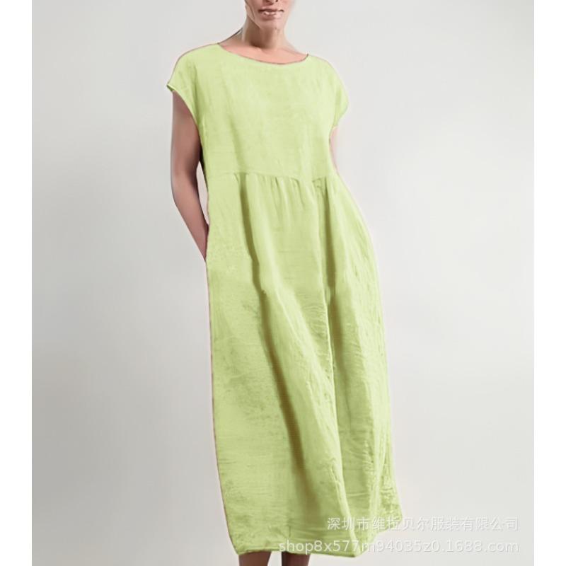Summer Round Neck Solid Color Short-sleeved Dress Loose Cotton and Linen Pocket Women's Dress