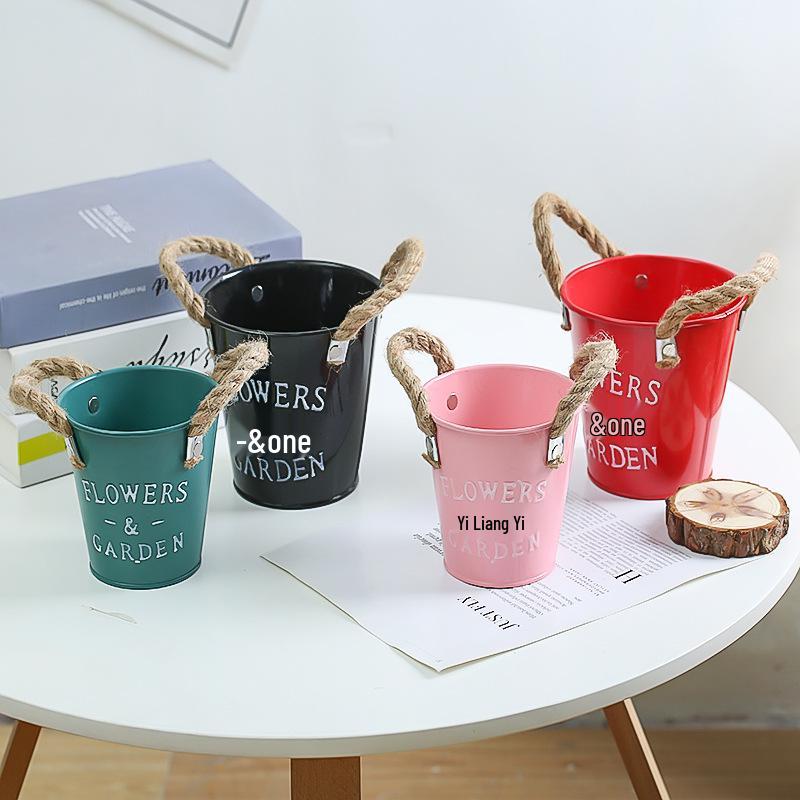 Colorful Tin Flower Pot with Hemp Rope - Iron Art Planter for Succulents - Decorative Desktop Storage Bucket