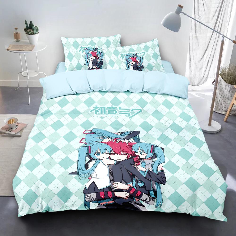 Miku Duvet Cover Set with Pillowcases 50x75cm Multiple Sizes Japanese Manga Hatsune Miku Bedding Set for Adult Kids Adult