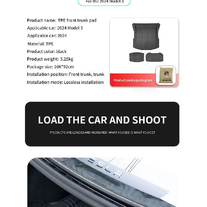For Tesla 2024-25 Model3 Highland 3 Rear Trunk Mat TPE Car Pads Waterproof Protective Trunk Mats Upper Layer of Trunk Cushion