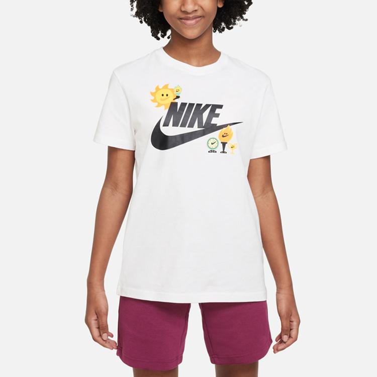 Nike T-Shirt Letter Logo Cartoon Pattern Print Round Neck Short Sleeve Kids Tops White FJ7237-100