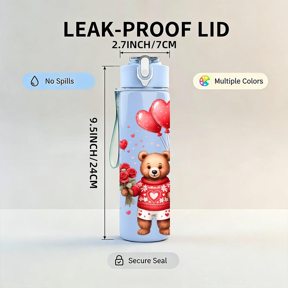 1PC Teddy Bear Heart Love Gift Print 750ml Color Plastic Sports Water Bottle Leakproof Flip Straw Lid Suitable for Sports Office Home Use