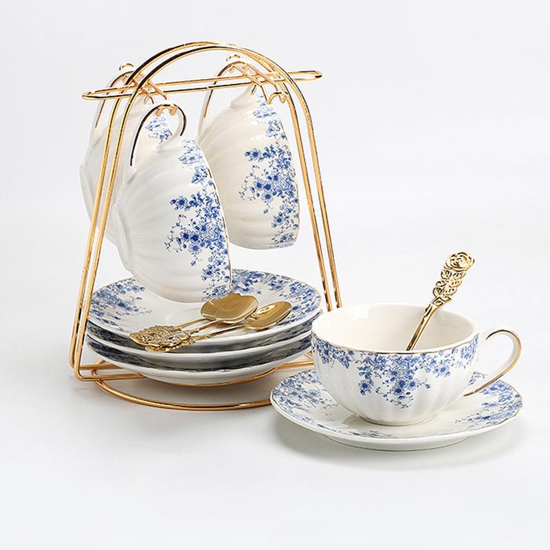 English-style Afternoon Tea Set, Flower Teapot, Heated Glass Teacup, Blue and White Porcelain Coffee Cup and Saucer