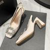 Spring 2025 new French thick heel non-slip high heels rhinestone square head empty bag head sandals women