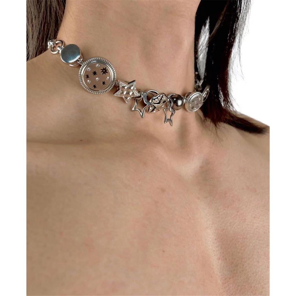 Tooxika Punk Hip Hop Personalised Design Multi-Element Button Pentagram Star Necklace Sweet Cool Hottie Choker Collarbone Chain