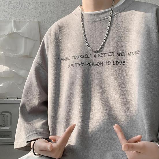 O-Neck 3/4 Sleeve Men T-shirt Ice Silk Thin Moisture Wicking Oversized Letter Print Tee Shirt Daily Clothing