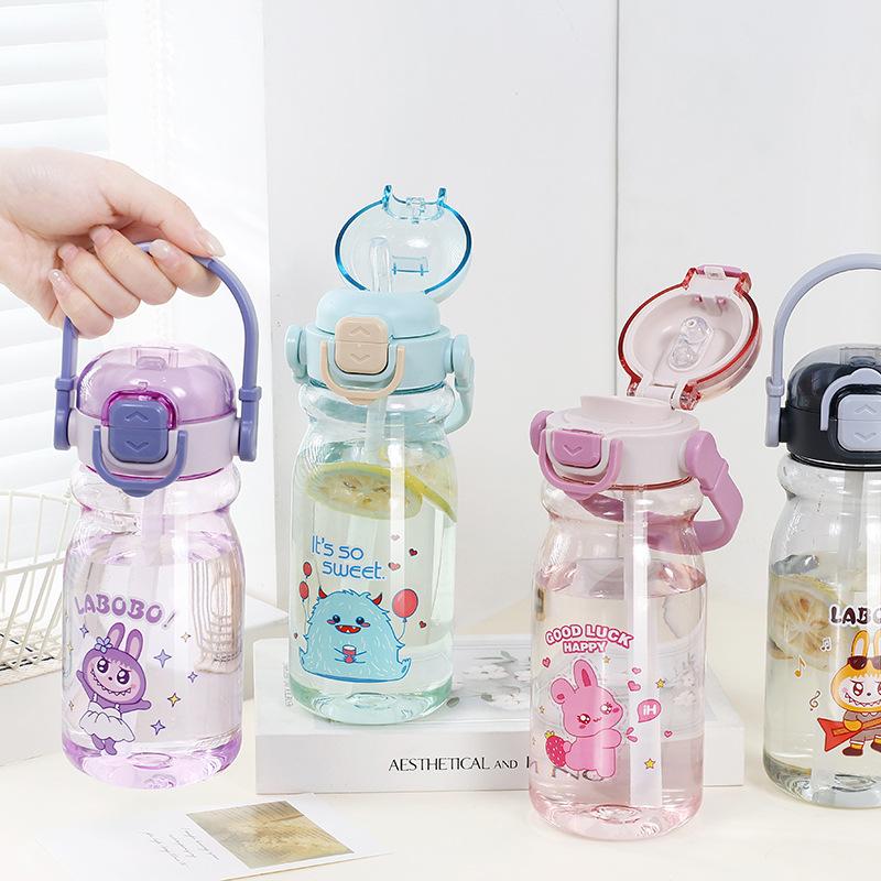Water bottle cartoon children's plastic water cup cute straw cup student kettle portable outer belt drop resistant drinking water double drinking