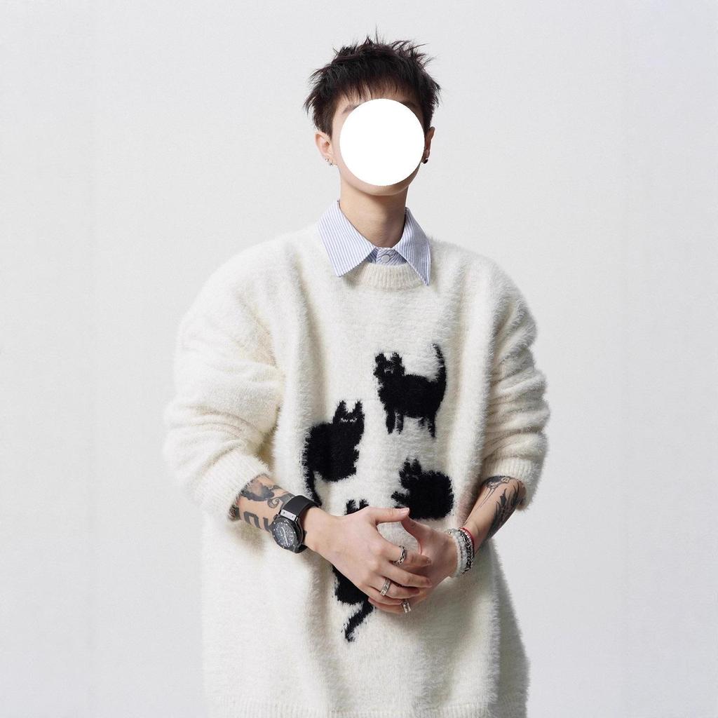 Trendy Cartoon Cat Knit Sweater: Men's Autumn/Winter Round Neck Couple's Loose Casual Style