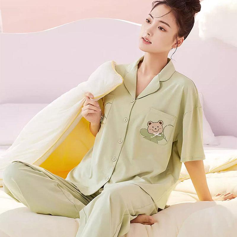 Women'S Pajamas, Summer Cardigan, Cotton Japanese Simple Short-Sleeved Trousers, Soft And Skin-Friendly Student Loungewear Two-Piece Set