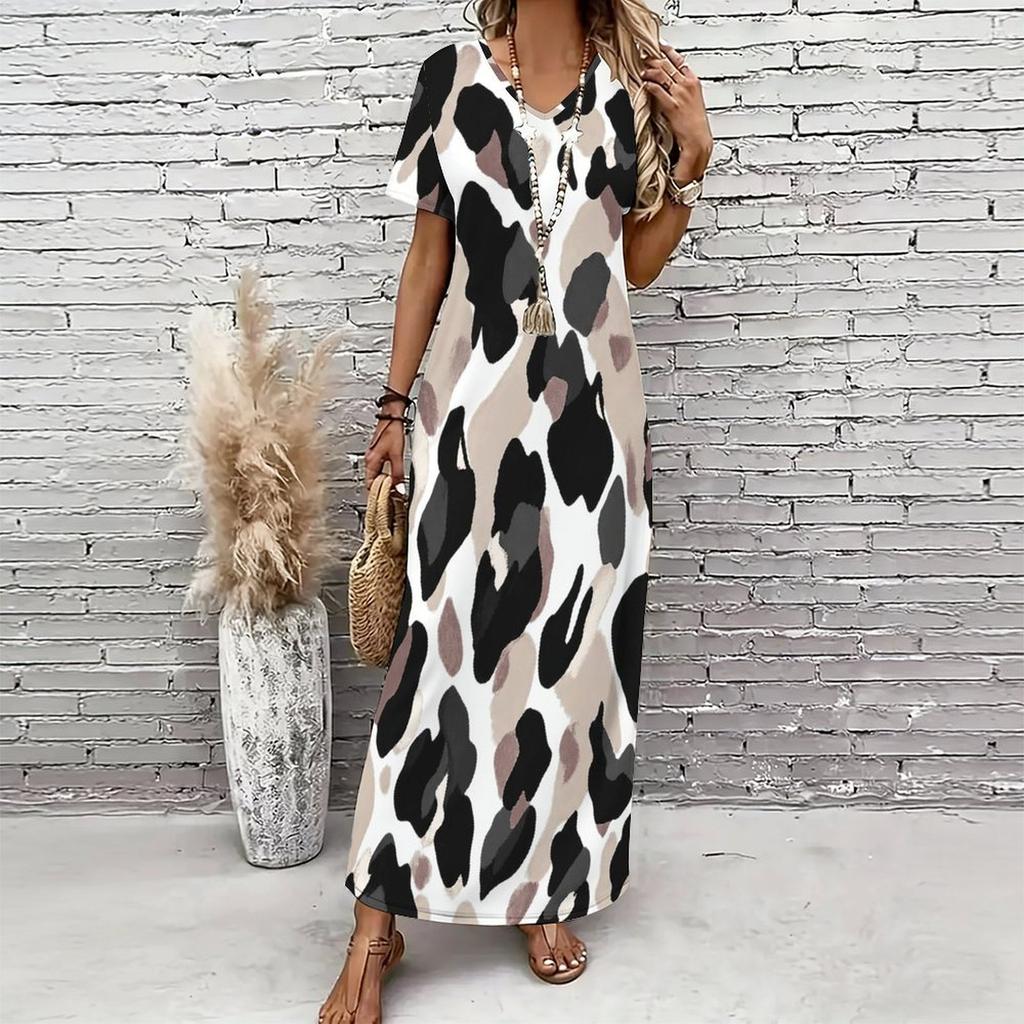 Women Plus Size V Neck Short Sleeve Blue White Printed Straight Maxi Dress