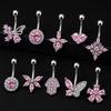 Butterfly Flower Belly Button Rings Long Dangle Crystal Charm Stainless Steel Navel Barbell Women Body Jewelry