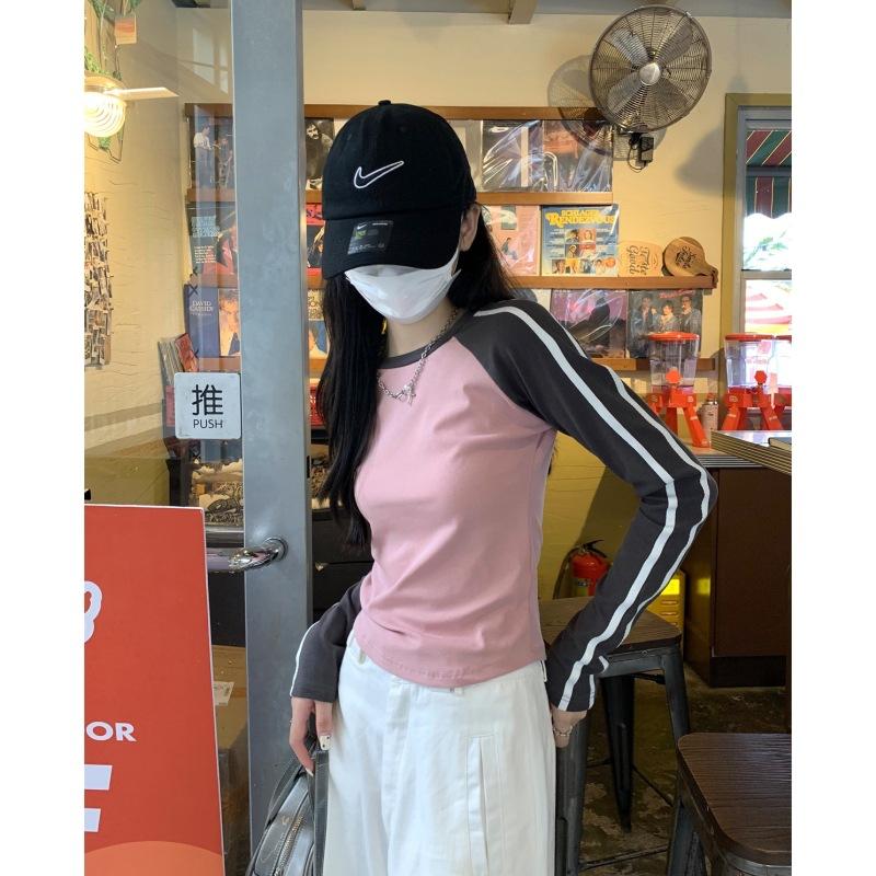 Contrasting color splicing long-sleeved bottoming shirt women's spring design bar bar sweet cool top slim T-shirt