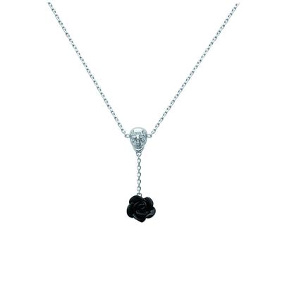 [J0048] - Silberhalskette 'Totenkopf' schwarze Blume (rhodiniert) - 35x11 mm
