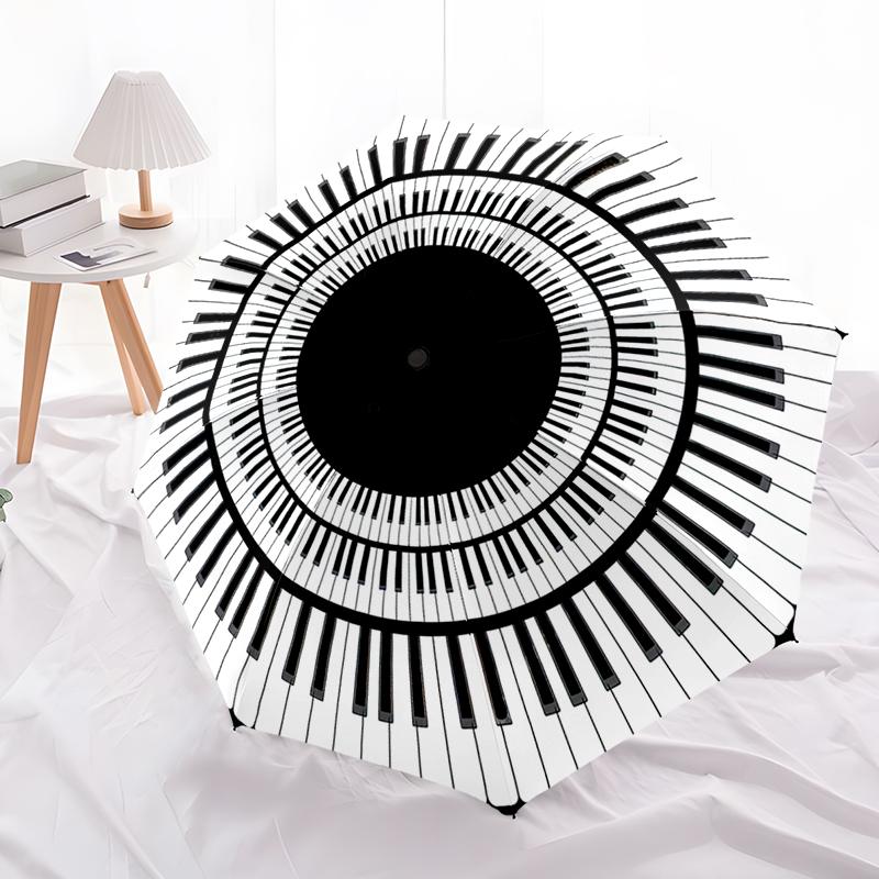 1pc Music Theme Pattern Umbrella Portable Folding Umbrella Iron Frame Hole Bone Structure Outdoor Home Umbrella
