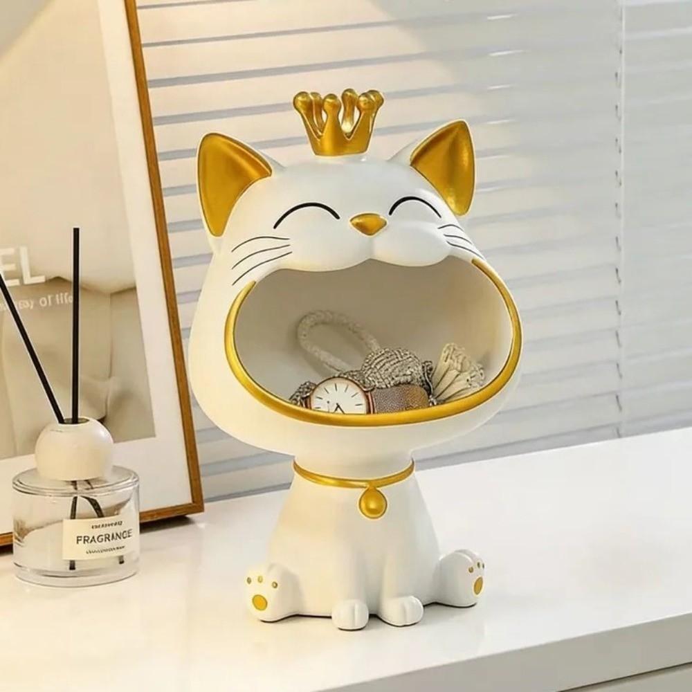Resin Laughing Cat Entryway Decor Big Mouth Key Storage Resin Fortune Cat Statue Japanese Style Creative Desktop Ornament