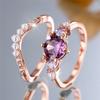 Charm Female Rose Gold Color Purple Round Zircon Stone Engagement Ring Set Vintage Bridal Wedding Bands Party Jewelry For Women